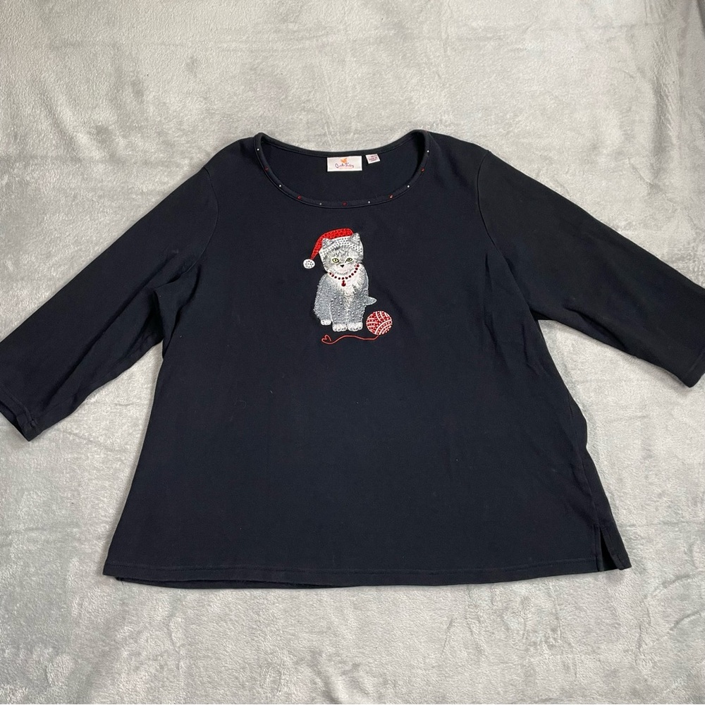 Christmas Cat Santa Hat Shirt‎ 1X Womens Quacker Factory Sequin 3/4 Sleeve Black
